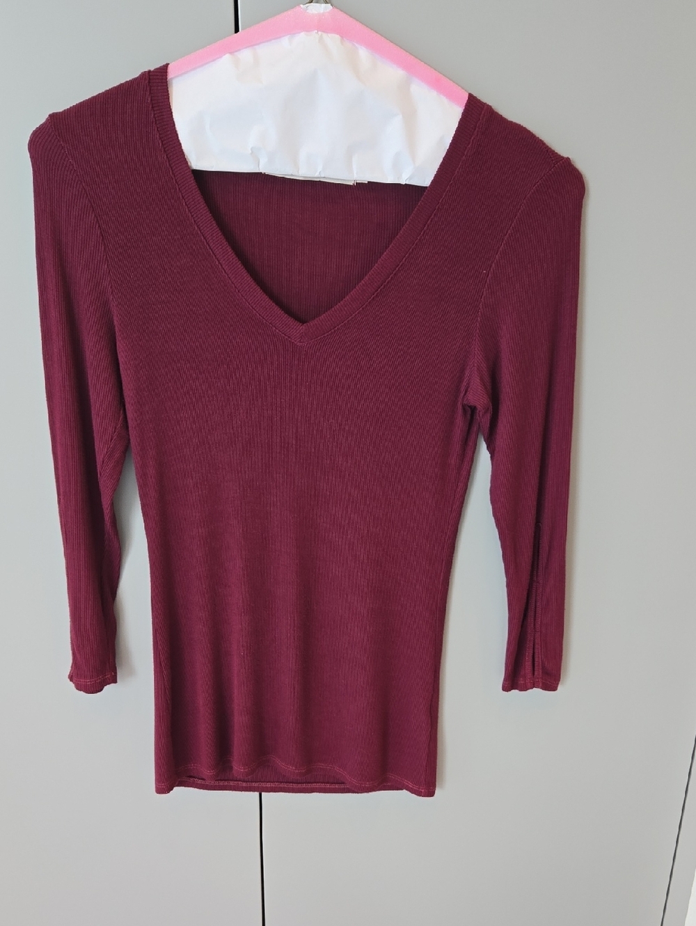 Michael Stars Deep Berry Ribbed V-Neck Long Sleeve Top With Cut Out Sleeves